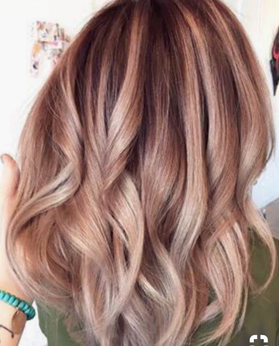 Rose gold highlights shop in blonde hair
